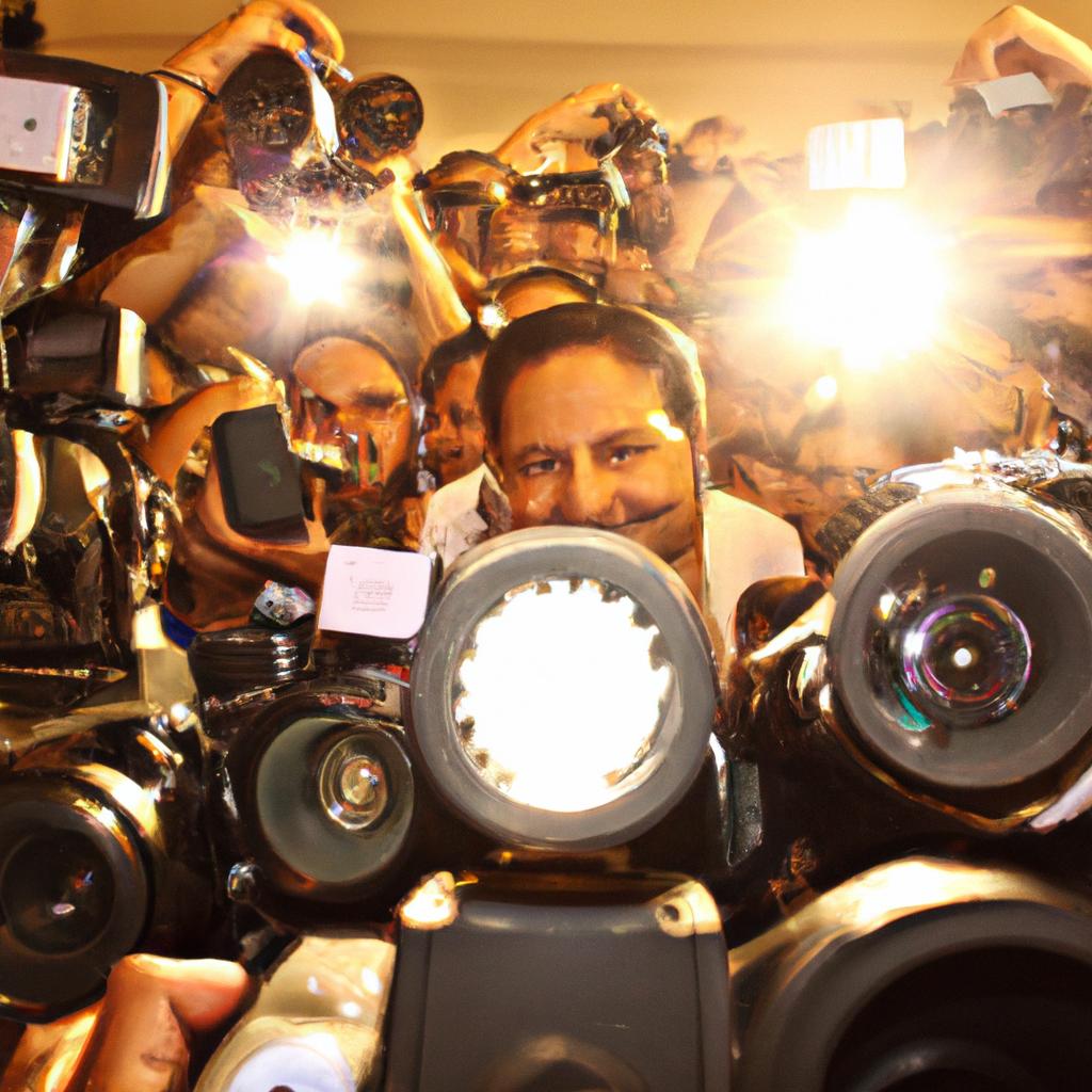 Celebrity surrounded by flashing cameras